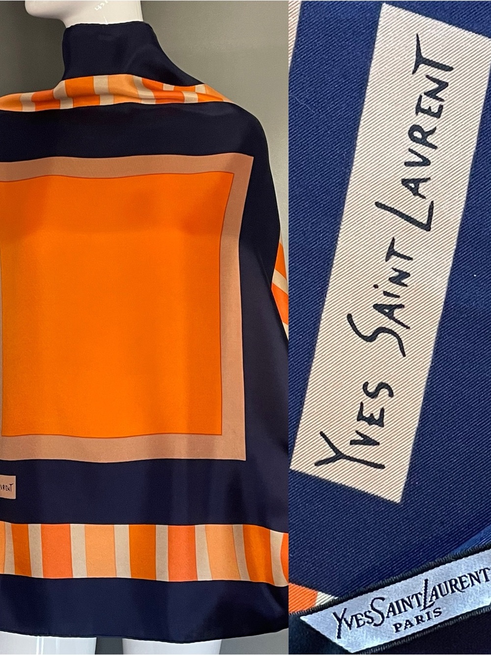 Gorg Yves Saint Laurent Silk Scarf Navy Pumpkin Geometric YSL 31 In Exc Cond